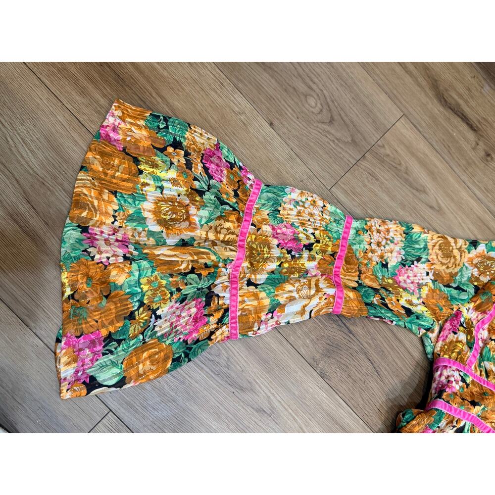 NWT Nasty Gal Floral Bell Sleeve Mini Dress Mustard Pink Velvet Trim Boho Size 2 - Picture 6 of 8